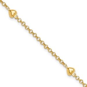 14k Yellow Gold Puff Heart Charm 10in Summer Fun Fine Jewelry Anklet